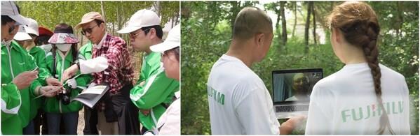 左图：大龙隆司在向志愿者介绍树苗的成长；右图：2023年活动中，大龙隆司与志愿者队连线交流